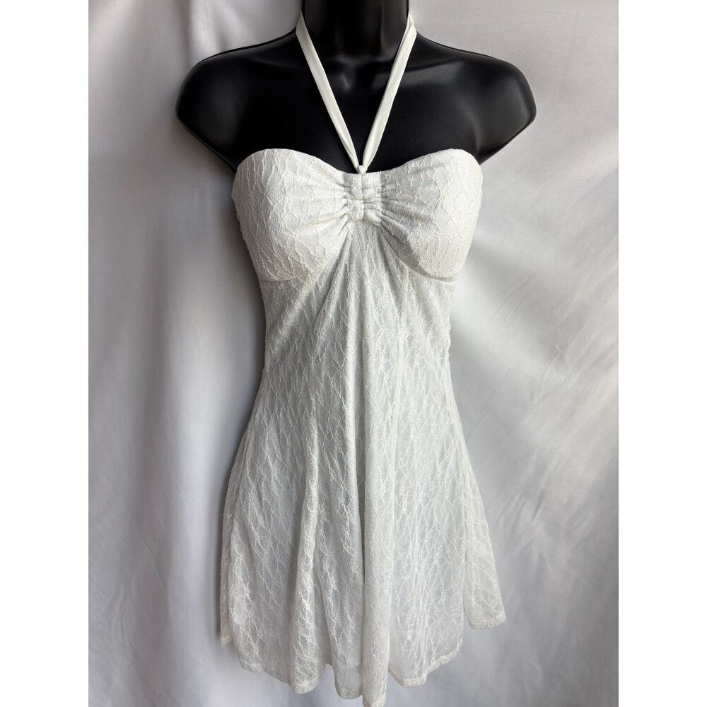 7 Day WKND White Lace Mini Dress Size S Halter Neck A Line Girly Classy Cute